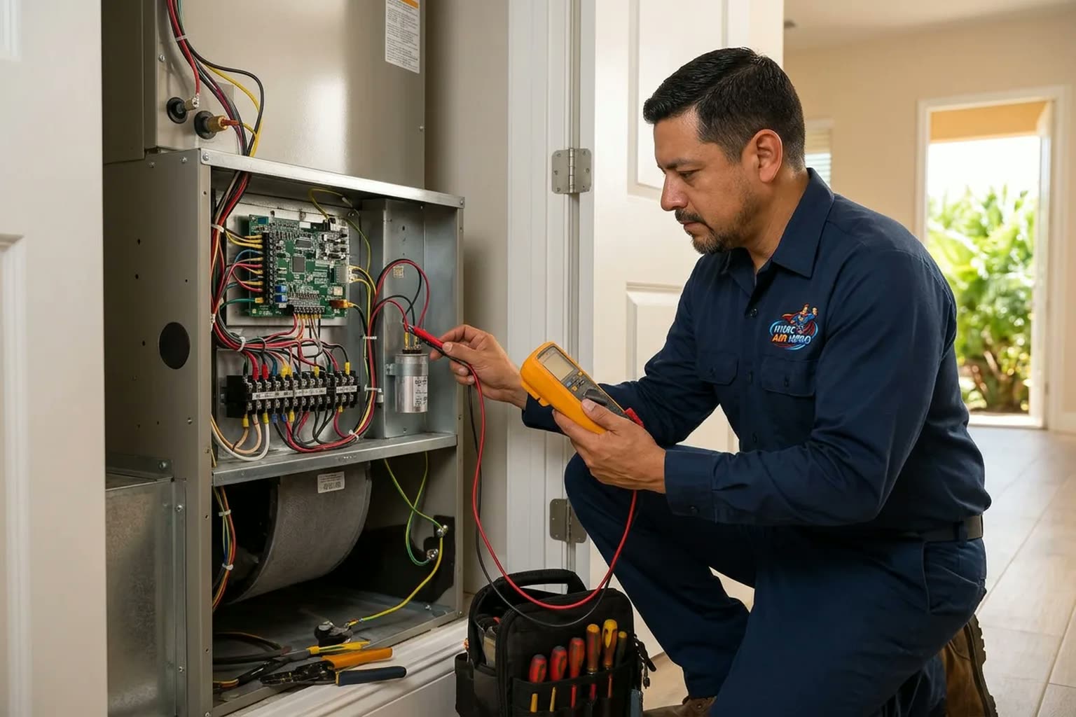 HVAC professional checking electrical controls in an indoor air handler