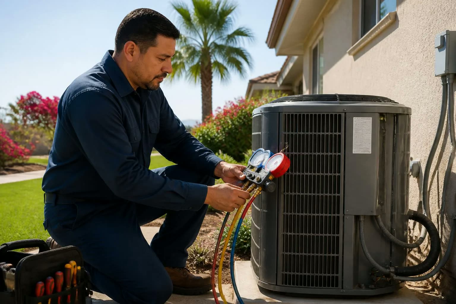 HVAC professional using gauges to diagnose a residential air conditioner