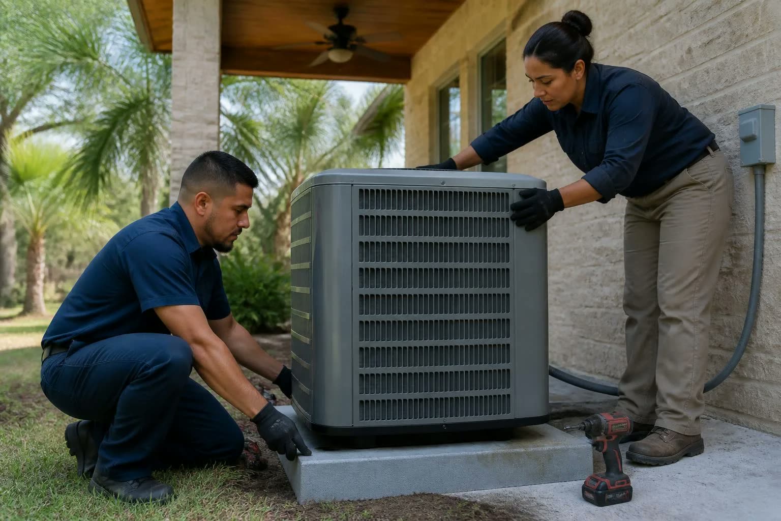 Two HVAC professionals positioning a residential outdoor air conditioning unit