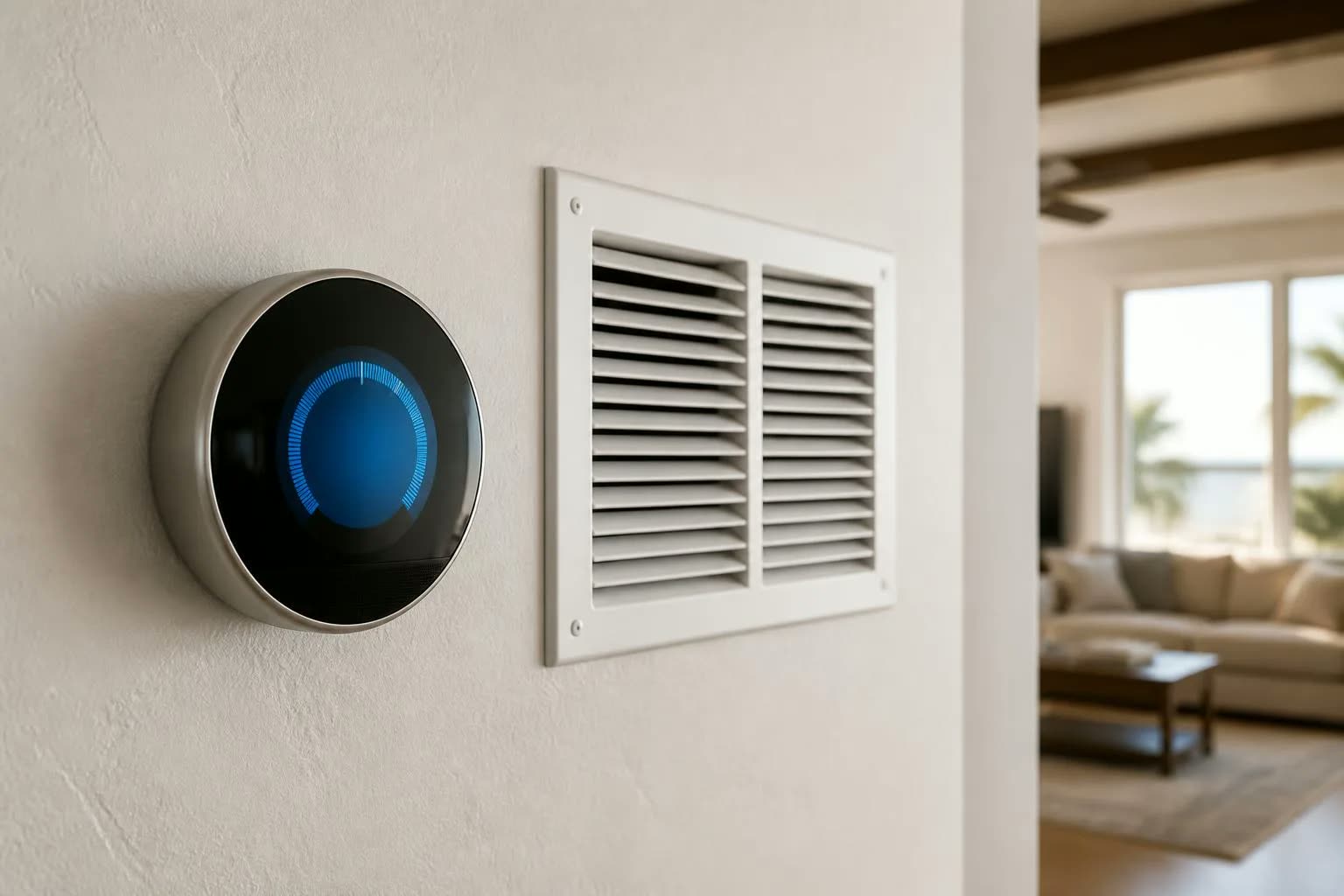 Residential thermostat and air vent in a sunlit South Texas home