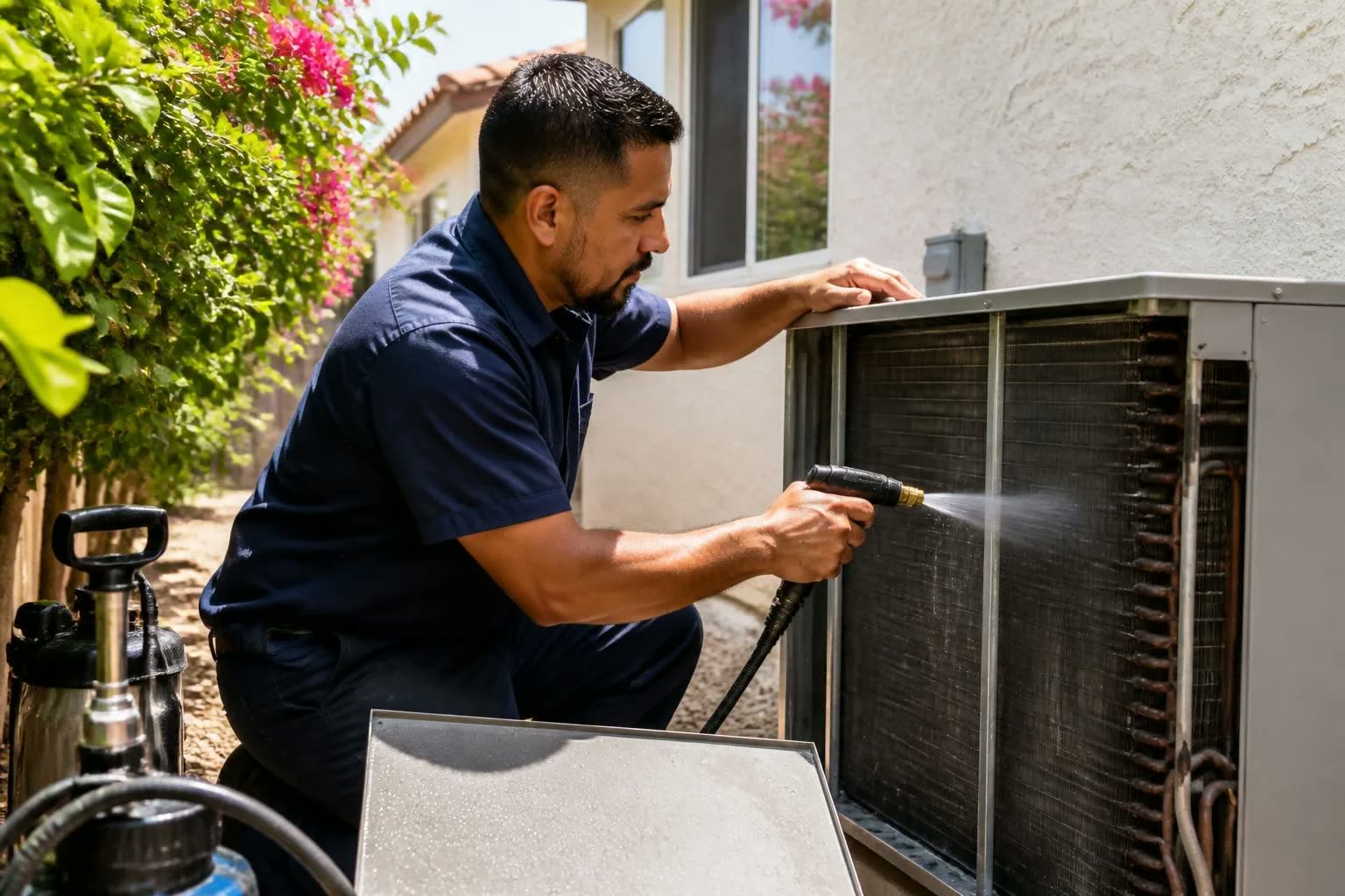HVAC professional cleaning the coil of a residential condenser