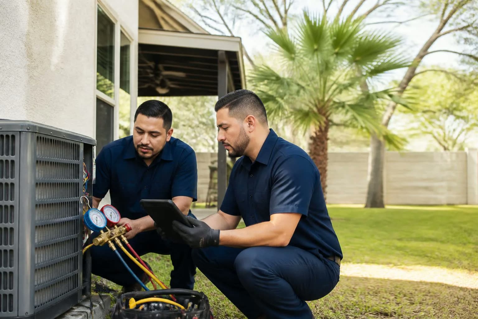 Two HVAC professionals reviewing diagnostic readings beside residential cooling equipment