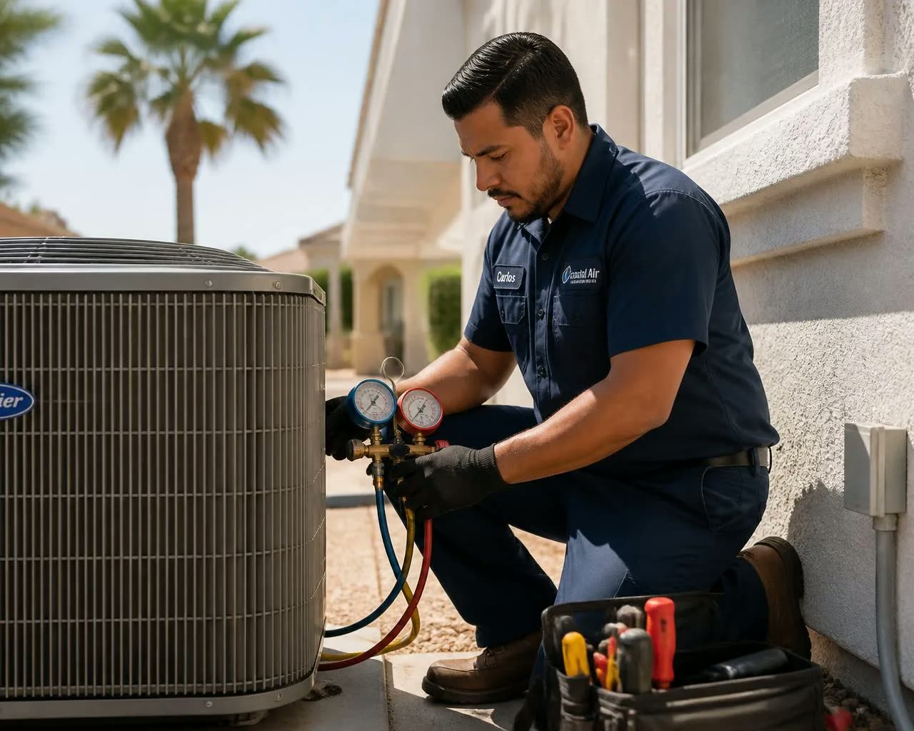 HVAC professional diagnosing an outdoor air conditioning system at a South Texas home